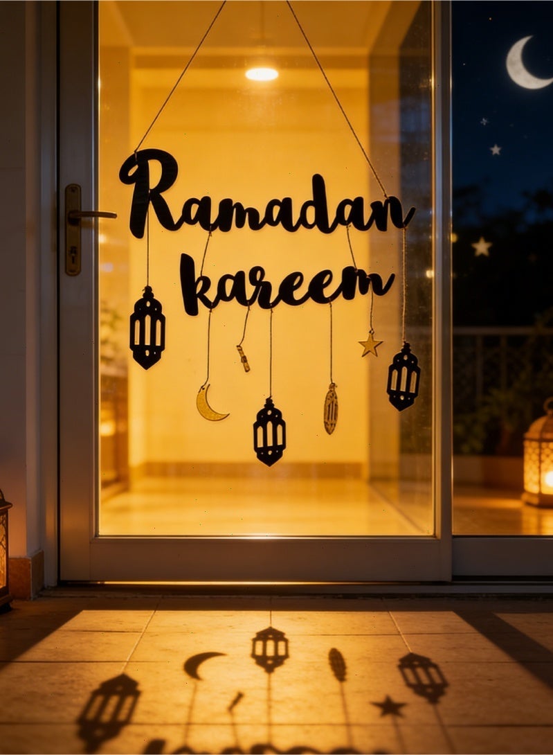 Ramadan Decorations for Home, Wooden Hanging Ramadan Kareem Pendant, Moon & Star Lantern Ornament for Eid Ramadan Party Supplies - Image 5